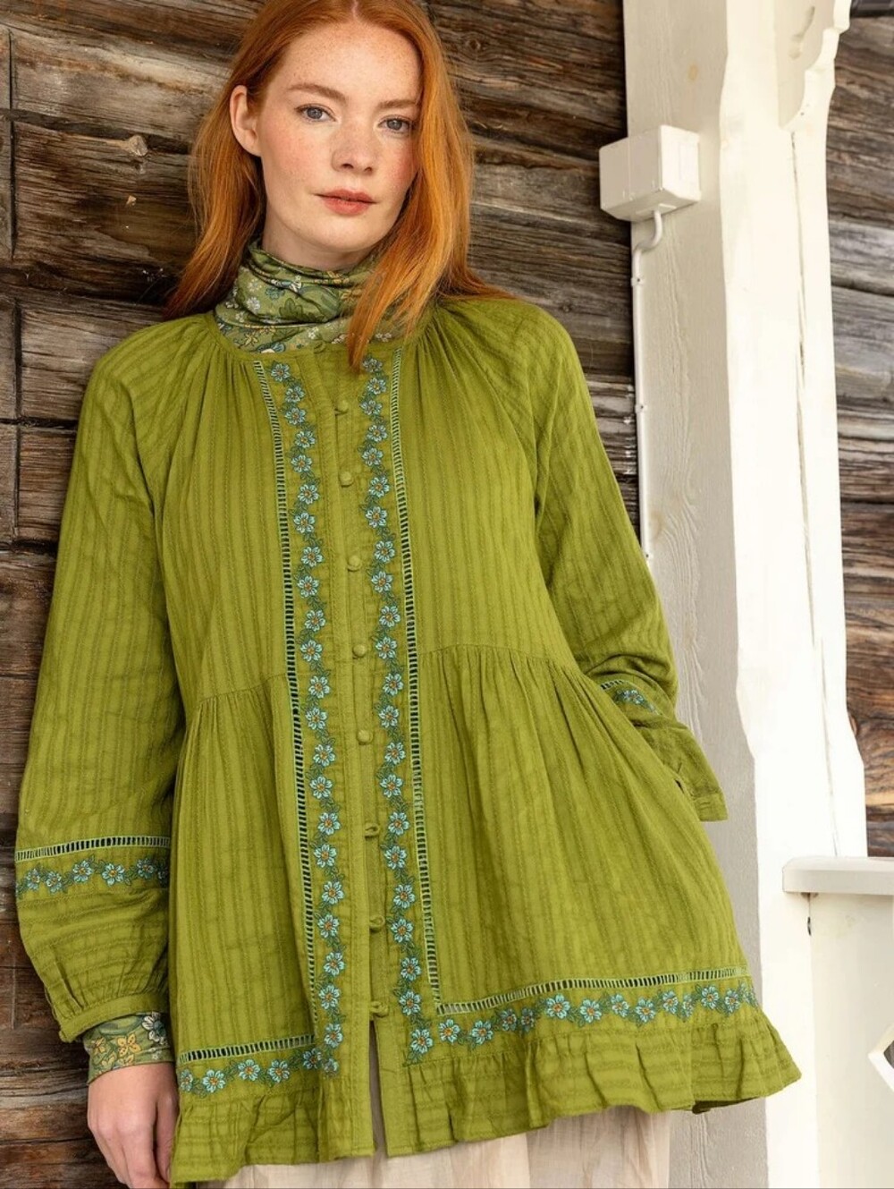 Gudrun Sjoden Orgnaic Cotton Woven Nome Tunic Green Button Front Pockets XL/XXL